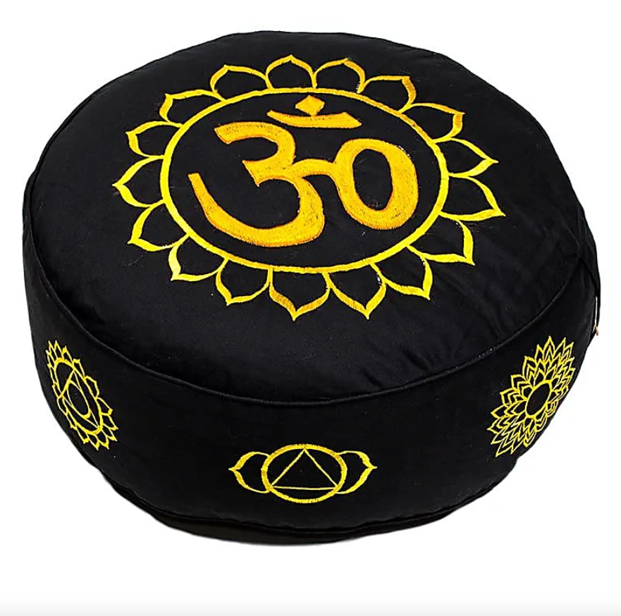 Almohada de meditación, 7 chakras y Om negro y dorado - Mundo Tibet