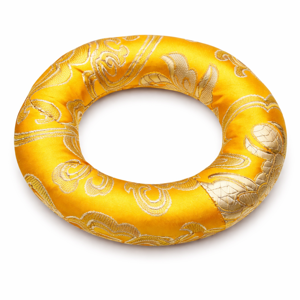 Almohada de forma circular para cantar con campanas – Amarillo y dorado - 100 mm - Mundo Tibet
