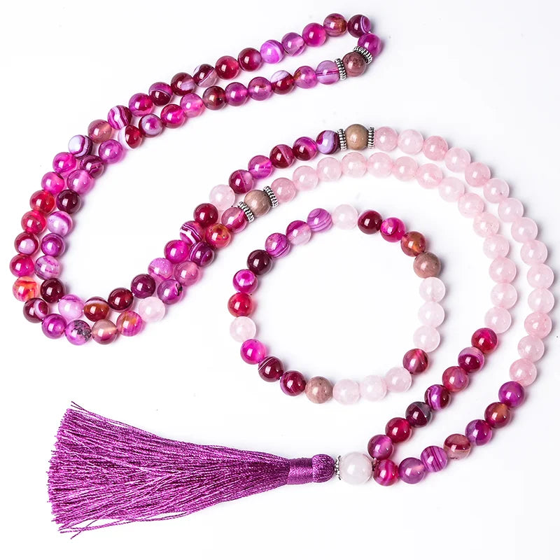 Mala y pulsera de cuarzo rosa, ágata y rodocrosita