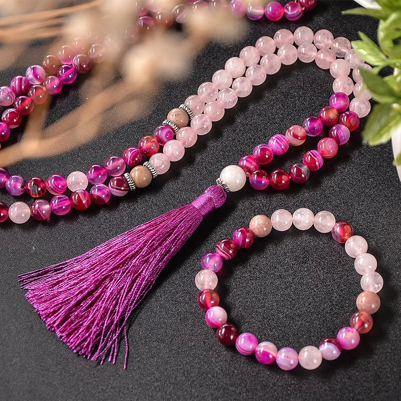 Mala y pulsera de cuarzo rosa, ágata y rodocrosita