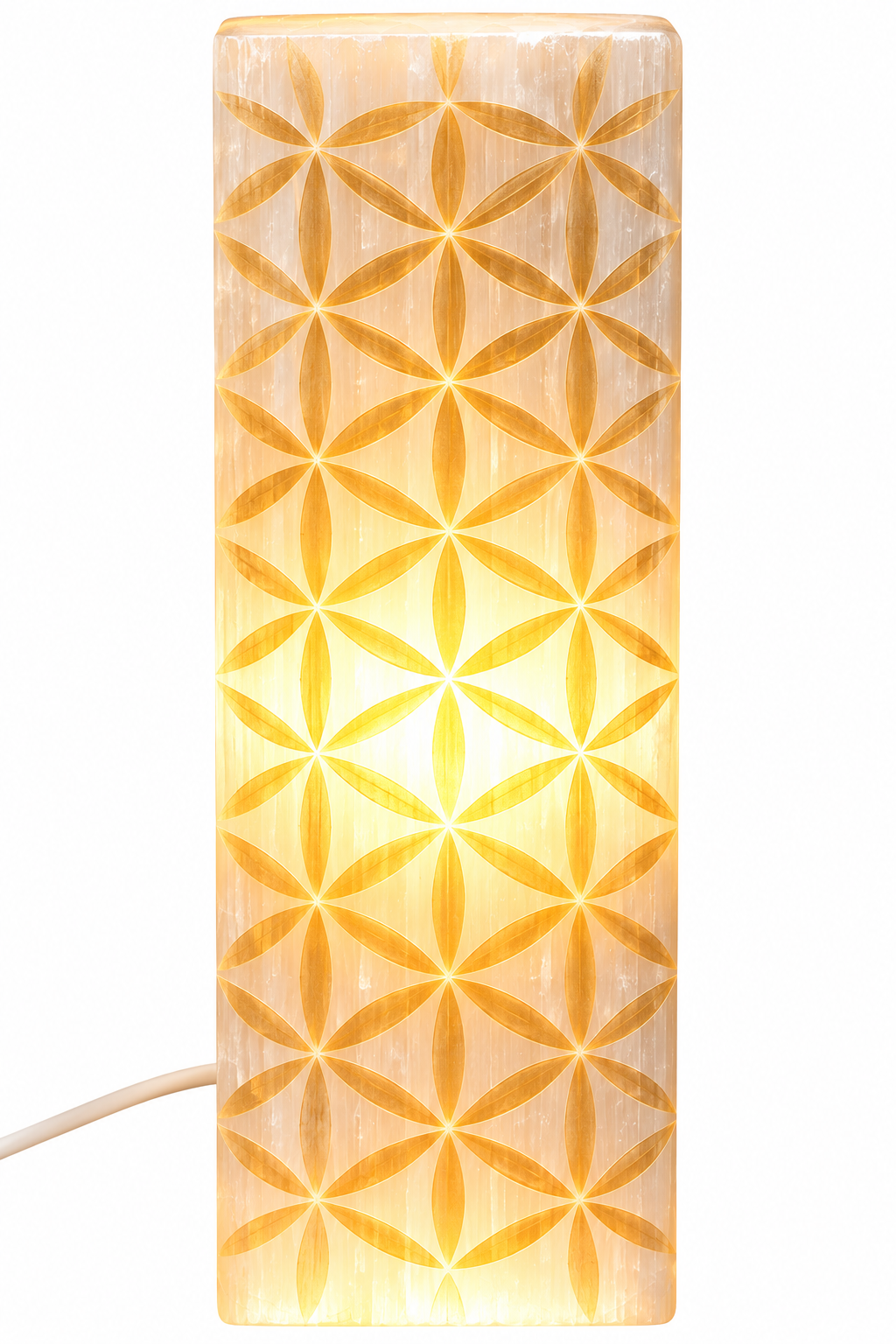 Lampe Sélénite Gravée  – Fleur de Vie Dorée - univers tibet