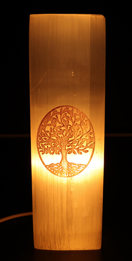 Lámpara Selenite rectangular grabada, forma de árbol de la vida, 25 cm - Mundo Tibet