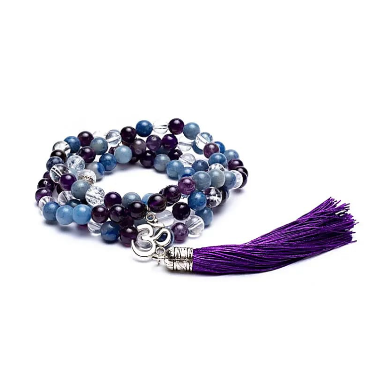 Collar de 108 cuentas de amatista, aventurina azul y cuarzo transparente - Símbolo Om - Mundo Tibet