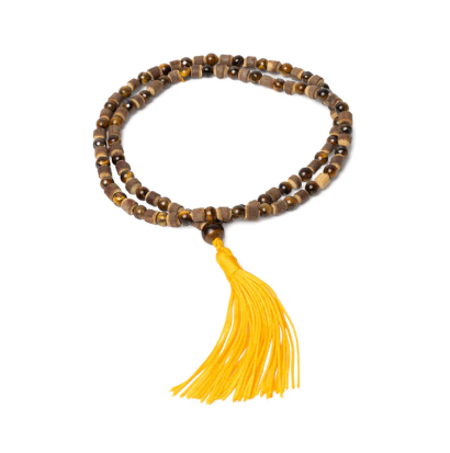 Mala Protection & Sagesse en Œil de Tigre et Bois de Tulsi – 108 Perles - univers tibet