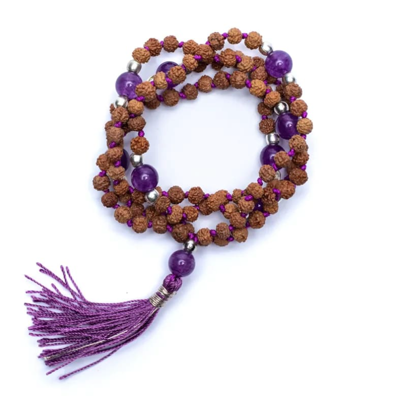 Mala tibetano de Rudraksha y amatista - Mundo Tibet