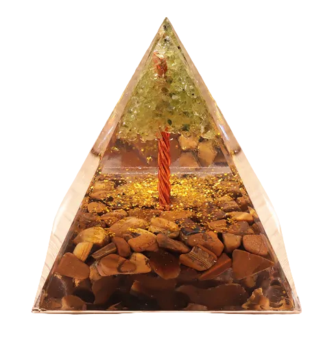 Pirámide de Orgonita Árbol de la Vida – Cuarzo de la Virgen & Ojo de Tigre - Mundo Tibet