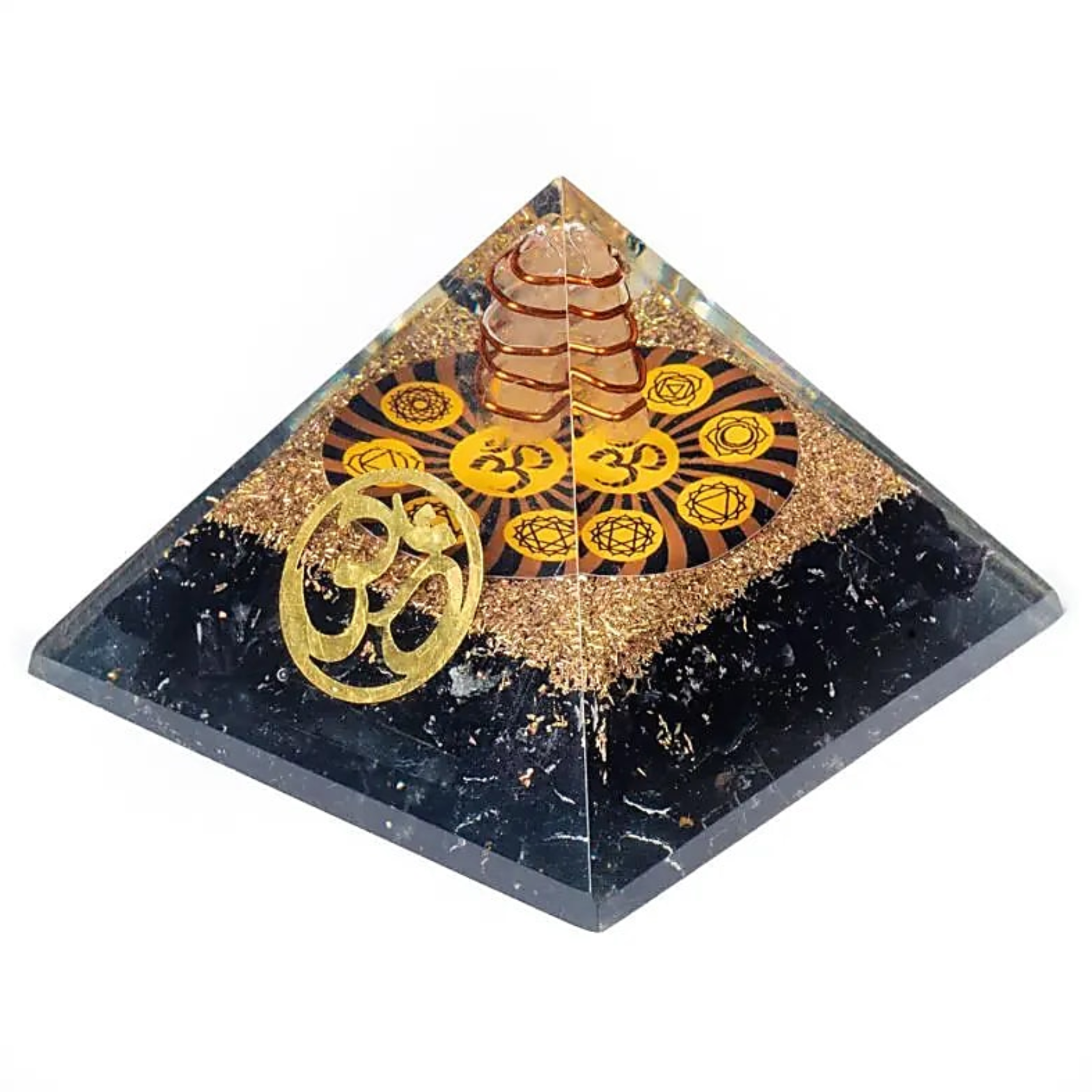 Pirámide de Orgonita para Chakras, Turmalina Negra y Símbolo Om - Mundo Tibet