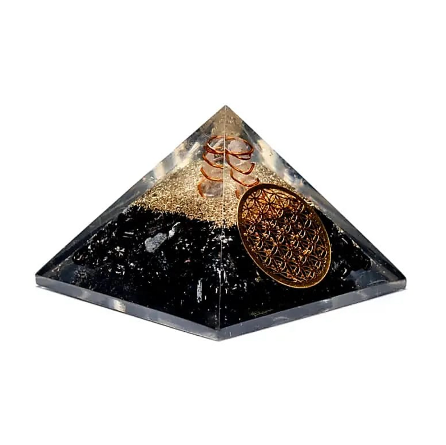Pirámide de Orgonita de Turmalina Negra y Cristal de Roca - Mundo Tibet