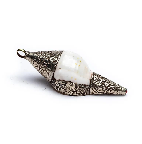 Pendentif Rituel Conque Tibétaine en Coquillage et Métal Blanc - univers tibet