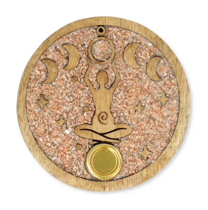 Porte-encens Phase de la Lune en bois de manguier et Pierre de Lune - univers tibet