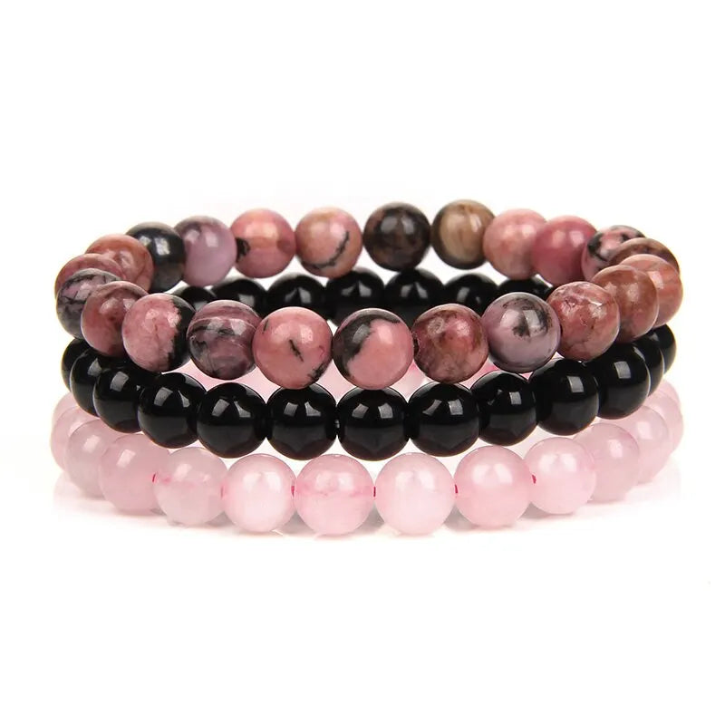 Pulseras tibetanas de tres colores - Rodonita - Ónix - Cuarzo rosa - Mundo Tibet