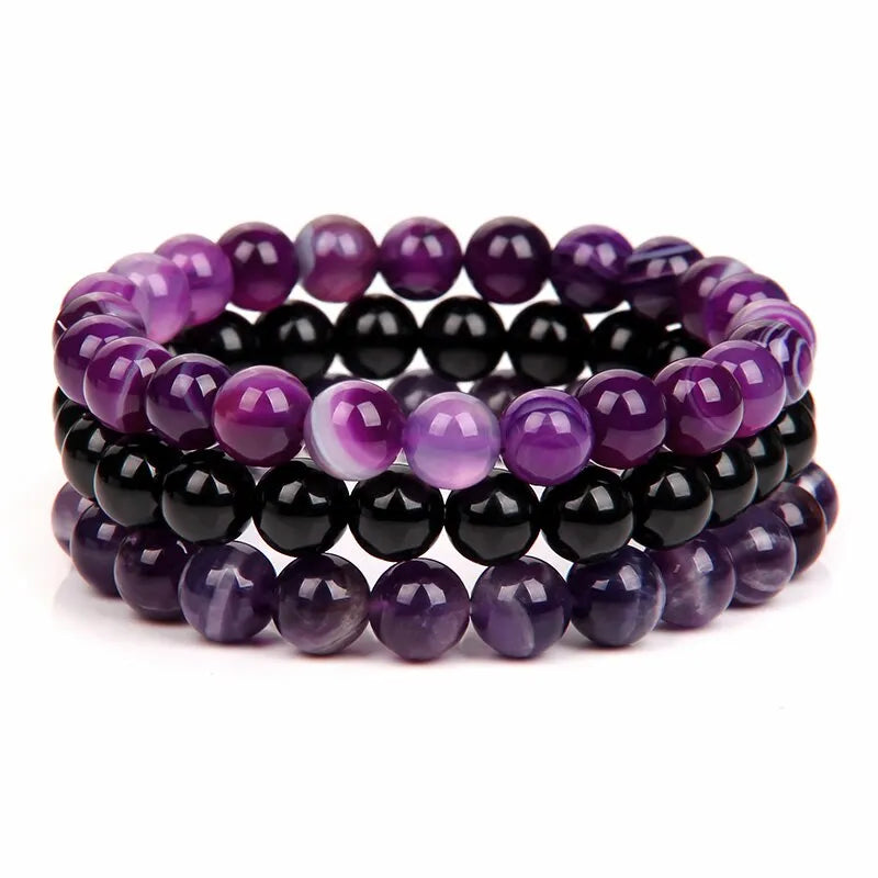 Pulseras tibetanas combinadas - Ágata violeta - Ónix y amatista - Mundo Tibet