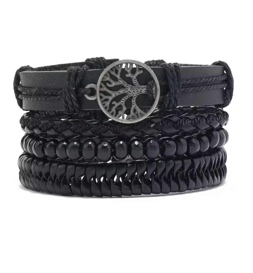 Conjunto de 4 brazaletes de la vida hechos de madera, cuero sintético negro y cuerda trenzada negra - Mundo Tibet