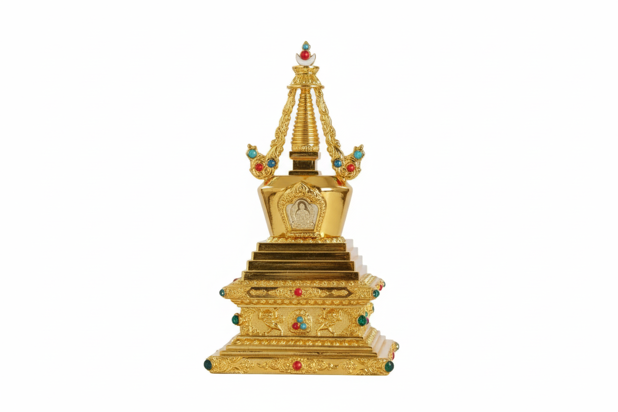 Estatuilla tibetana dorada con piedras – Chörten sagrado – Mundo Tibet