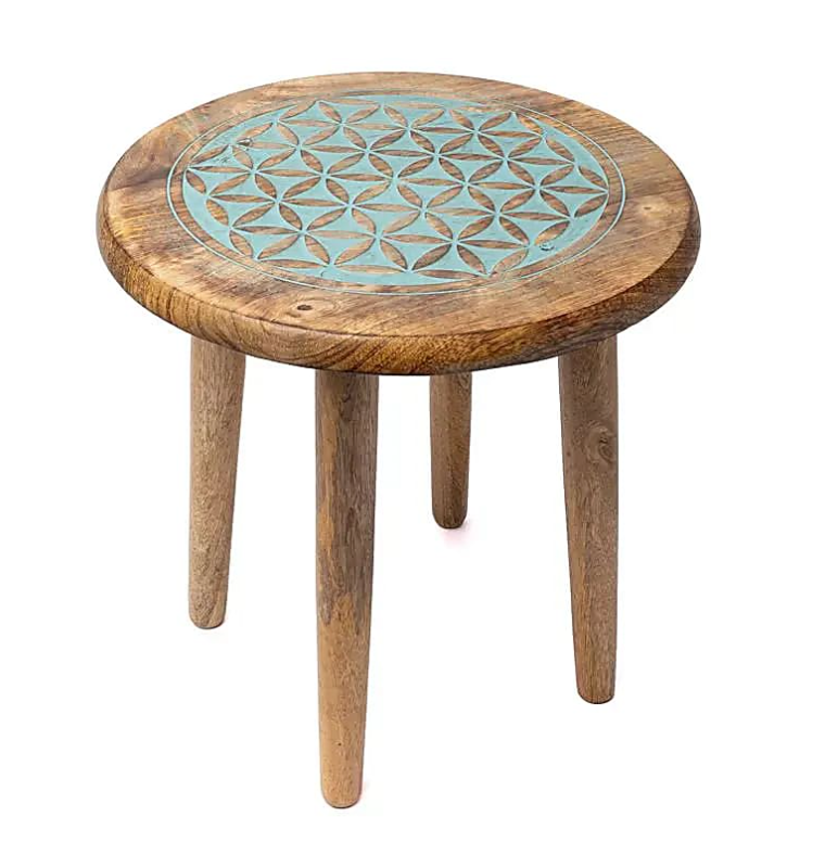 Mesa de Escritorio Azul con Diseño de Flor de Vida de Madera de Mango - Mundo Tibet