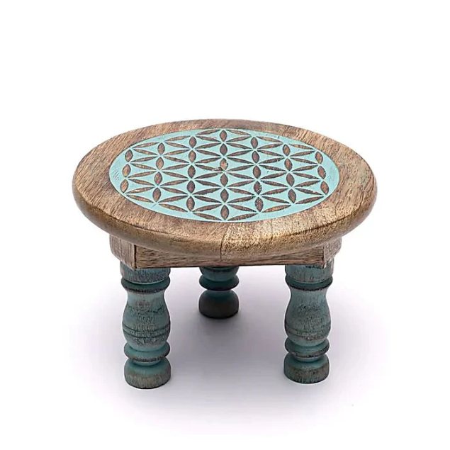 Table d’Autel Fleur de Vie Bleue – Support Énergétique en Bois de Manguier - univers tibet