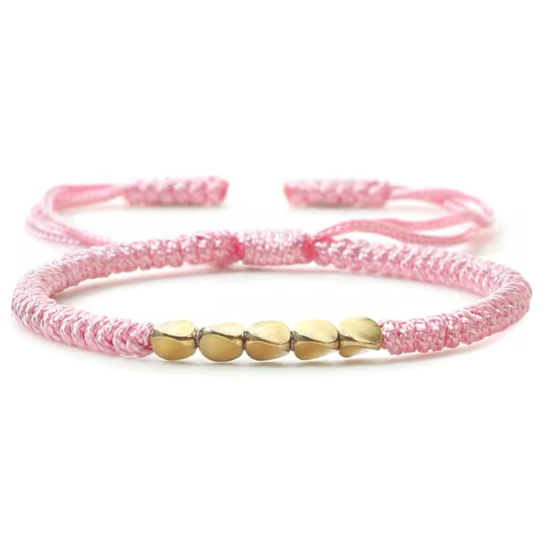 Pulsera tibetana de buena suerte, hecha en oro con cuentas de cobre rosa - Mundo Tibet