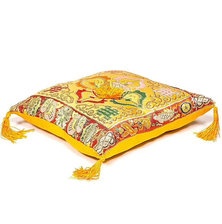 Almohada para cuenco tibetano, bordado amarillo - Mundo Tibet