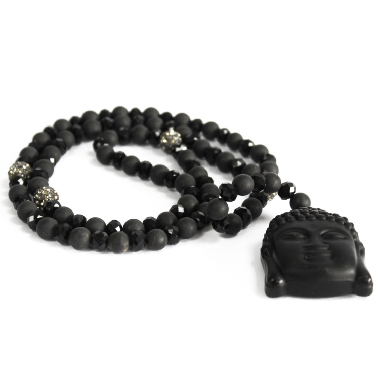mala tibetano de ágata negra con figura de Buda en la cabeza