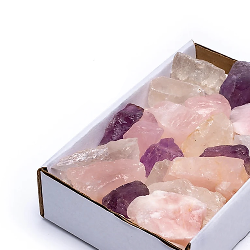 caja de piedras naturales, cuarzo rosa, amatista, cristal de roca - Mundo Tibet